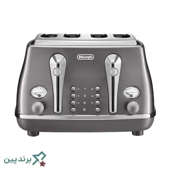 توستر دلونگی (DeLonghi) با بدنه فلزی مات و ولومهای چرخشی کروم، مناسب برای کافیبارهای خانگی