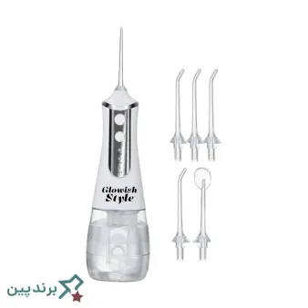 واترجت دندان گلوویش استایل (Glowish Style) با بدنه پلاستیکی سفید و مخزن آب شفاف، مجهز به سه حالت پاشش